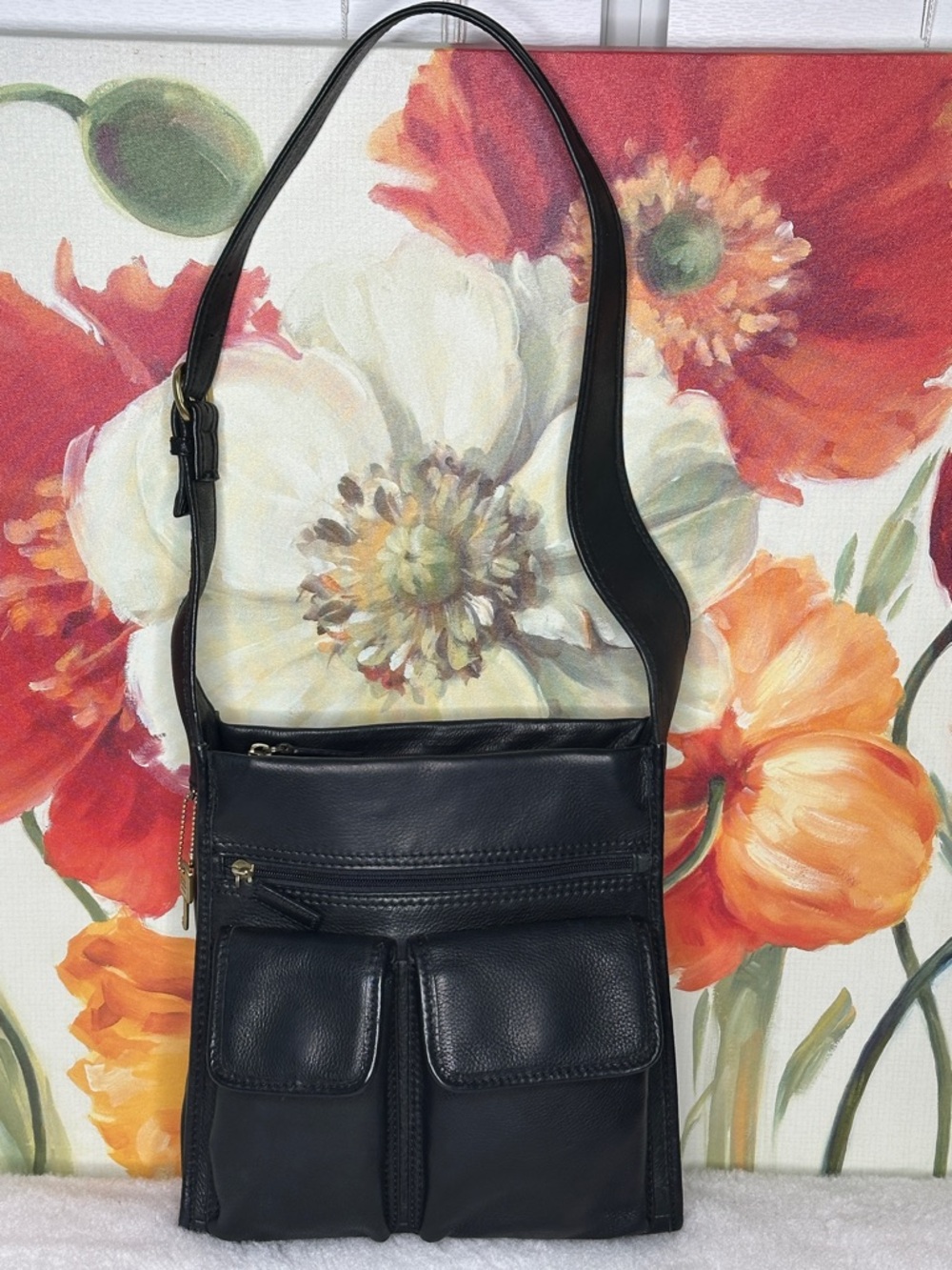 Vintage Fossil black pebbled leather shoulder purse #75082